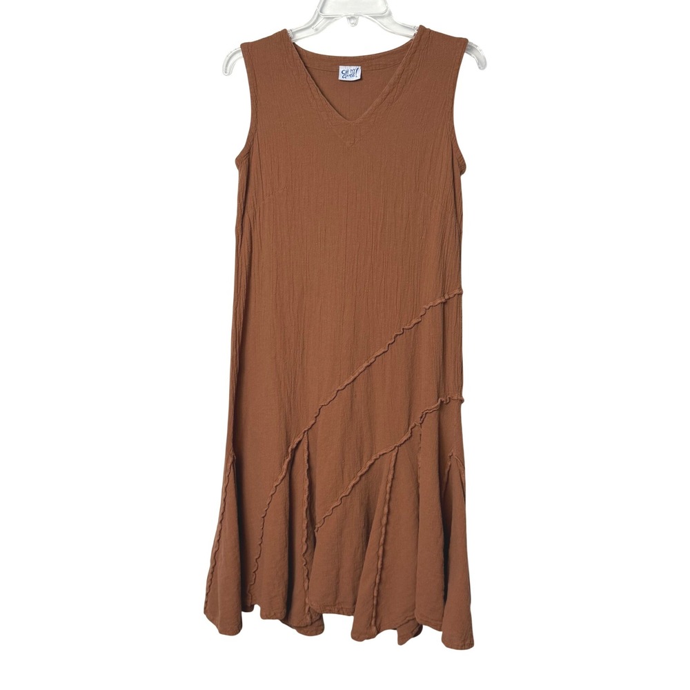 Oh My Gauze Tabasco Cotton Brown V-Neck Midi Dress Size 1 Lagenlook Boho